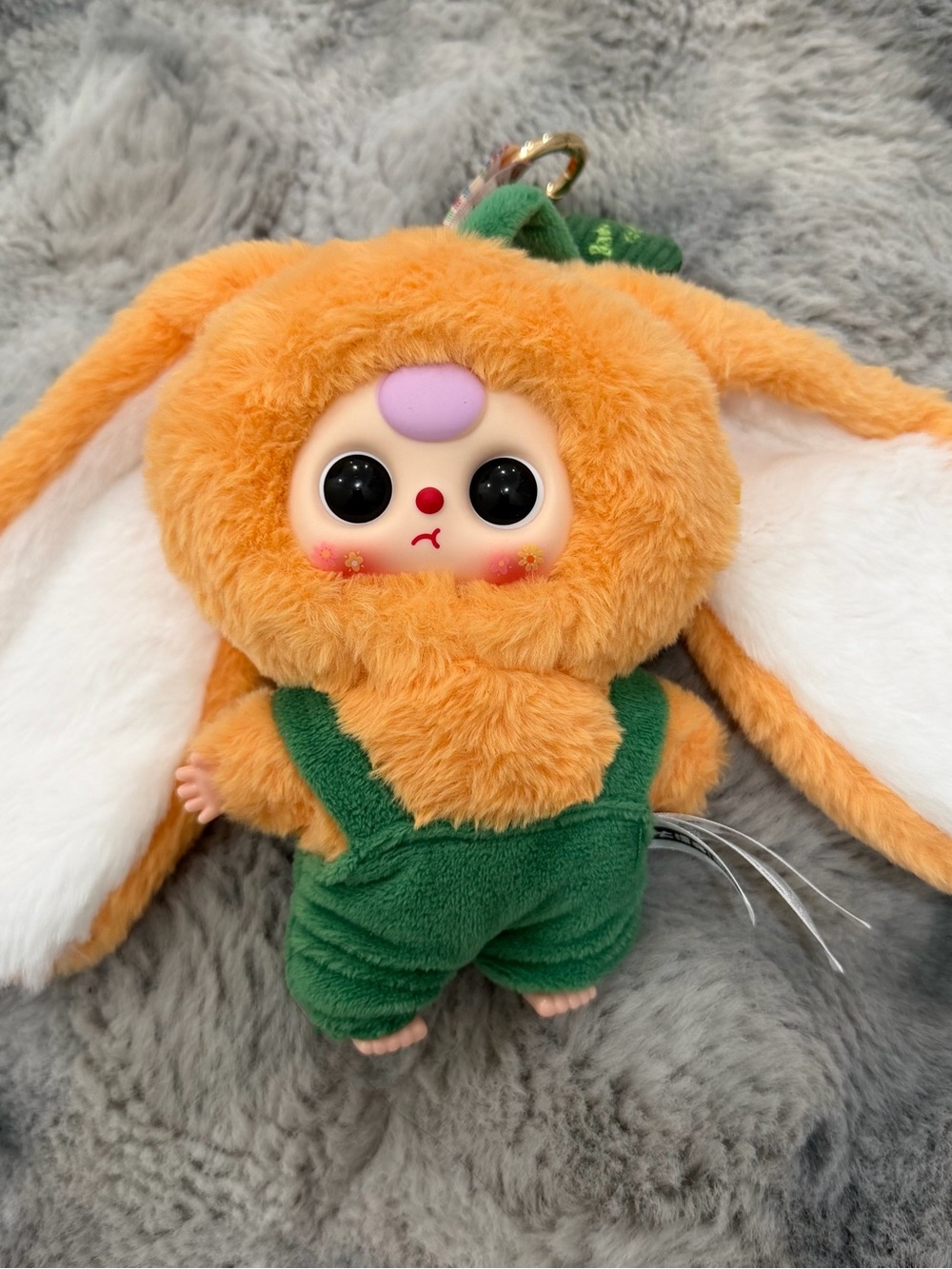 Plush Orange Bunny Keychain with Green Overalls - Cute Small Pets Accessory